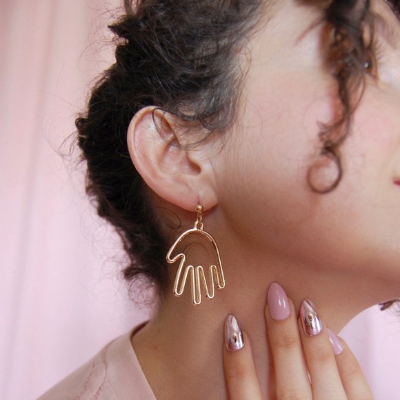 Abstract Hand Gold Metal Dangle Earrings - Picture 2 of 5